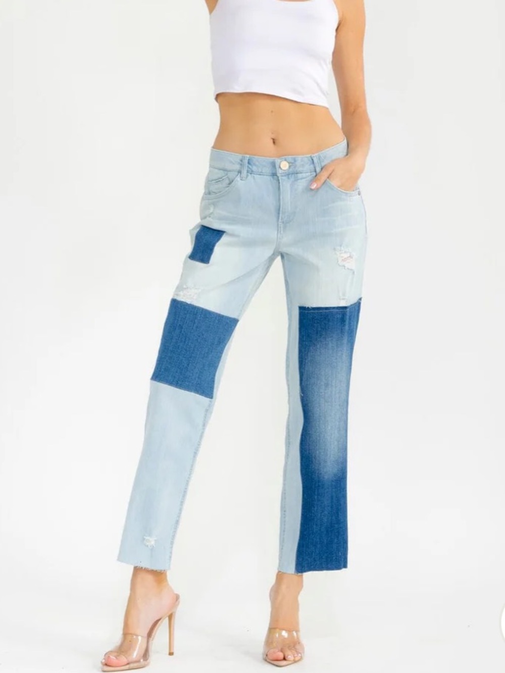 Two Tone Straight Leg Denim Pants - Picture 3 of 4